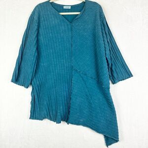Fenini Ribbed Asymmetrical Tunic Top Size 3x Teal Lagenlook Artsy